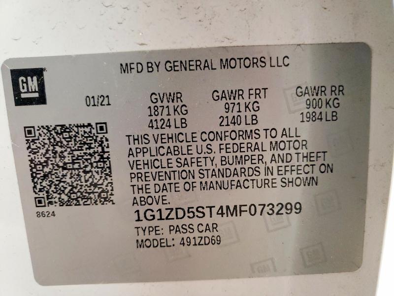 2021 Chevrolet Malibu მანქანა იყიდება აუქციონზე, vin: 1G1ZD5ST4MF073299, აუქციონის ნომერი: 62980106