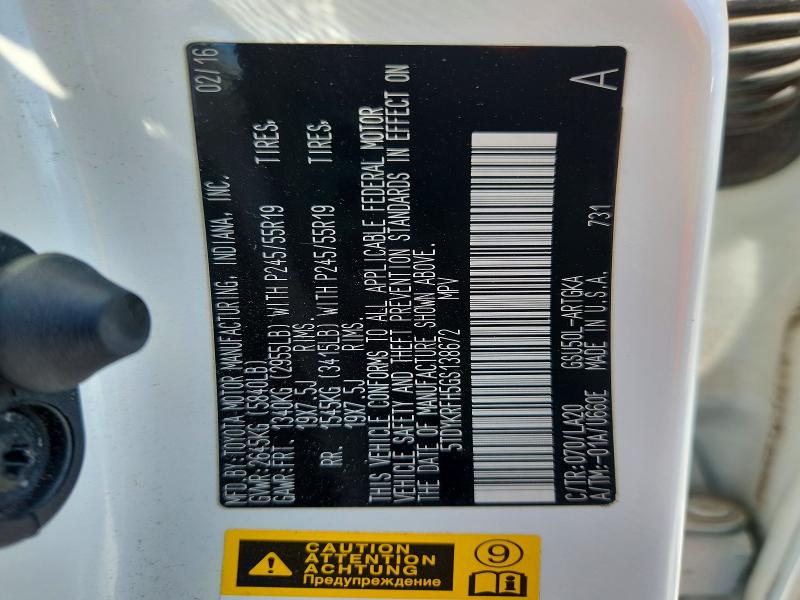 66980126 :رقم المزاد ، 5TDYKRFH5GS138672 vin ، 2016 Toyota Highlander مزاد بيع