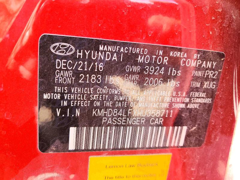 64698386 :رقم المزاد ، KMHD84LFXHU358711 vin ، 2017 Hyundai Elantra مزاد بيع