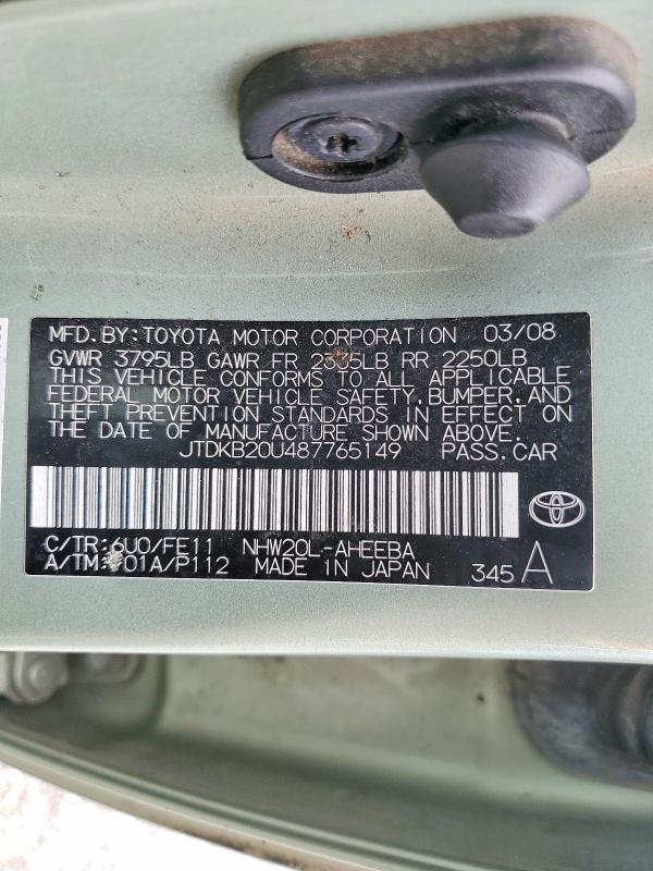 Aukcja sprzedaży 2008 Toyota Prius, vin: JTDKB20U487765149, numer aukcji: 63841686