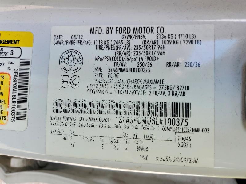 2020 Ford Fusion მანქანა იყიდება აუქციონზე, vin: 3FA6P0MU8LR100375, აუქციონის ნომერი: 65605806