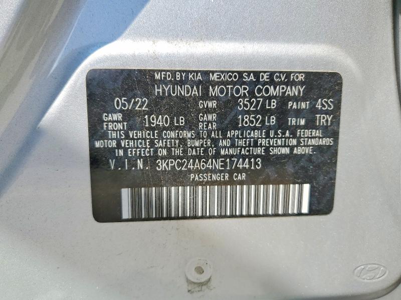 Продаж на аукціоні авто 2022 Hyundai Accent, vin: 3KPC24A64NE174413, номер лоту: 63806156