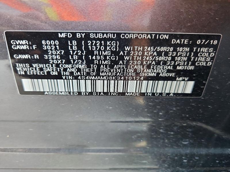 65263446 :رقم المزاد ، 4S4WMAMD8K3410124 vin ، 2019 Subaru Ascent مزاد بيع