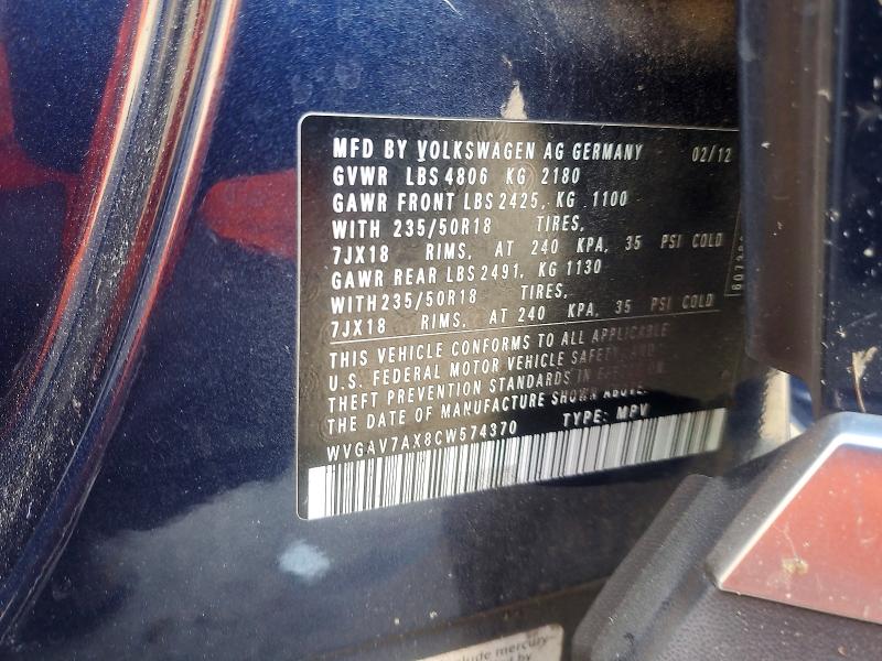 Продажа на аукционе авто 2012 Volkswagen Tiguan, vin: WVGAV7AX8CW574370, номер лота: 65301386