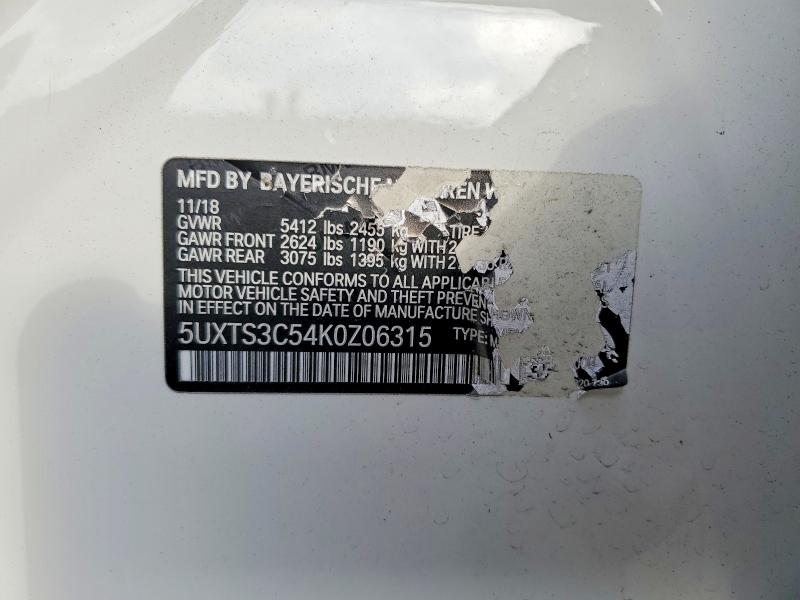 63121536 :رقم المزاد ، 5UXTS3C54K0Z06315 vin ، 2019 Bmw X3 مزاد بيع
