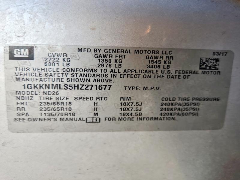 Aukcja sprzedaży 2017 Gmc Acadia, vin: 1GKKNMLS5HZ271677, numer aukcji: 65740786