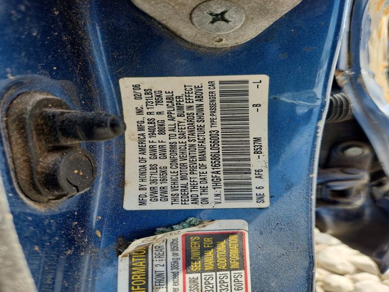 63616546 :رقم المزاد ، 1HGFA16586L056003 vin ، 2006 Honda Civic مزاد بيع