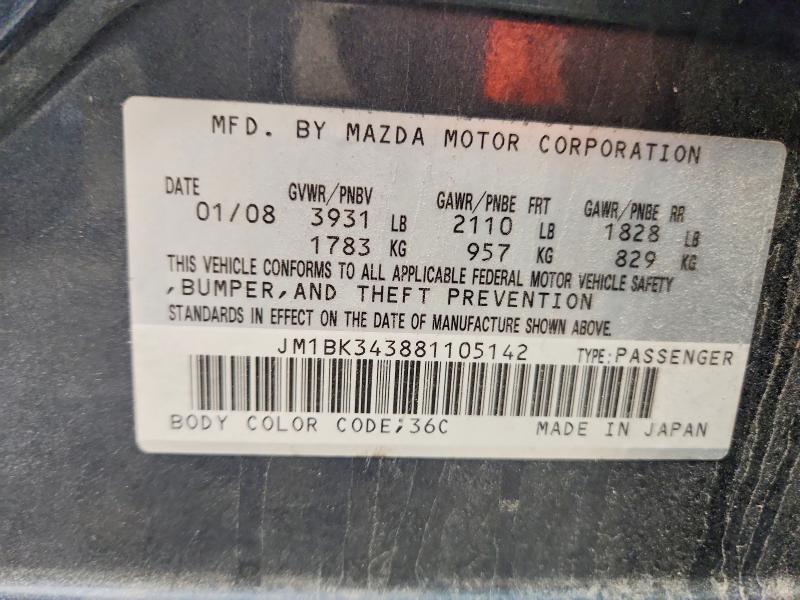 2008 Mazda 3 მანქანა იყიდება აუქციონზე, vin: JM1BK343881105142, აუქციონის ნომერი: 63989226