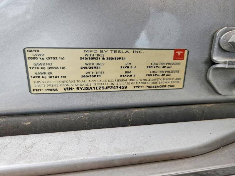 2018 Tesla Model S მანქანა იყიდება აუქციონზე, vin: 5YJSA1E29JF247459, აუქციონის ნომერი: 66997866