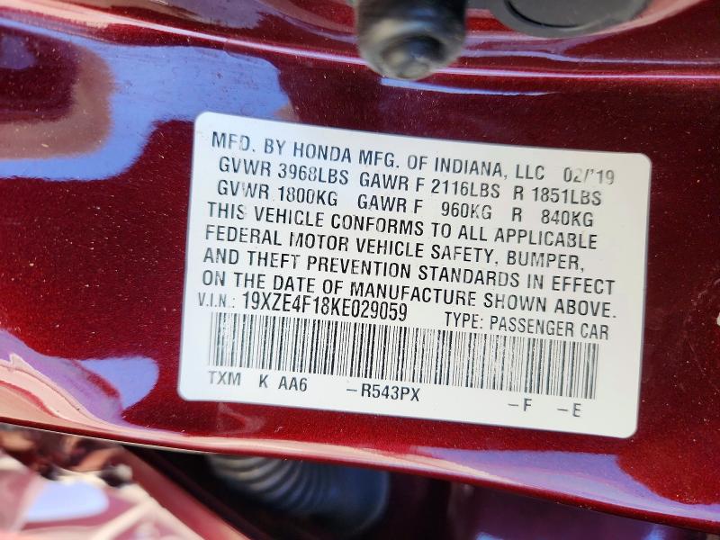 66510796 :رقم المزاد ، 19XZE4F18KE029059 vin ، 2019 Honda Insight مزاد بيع