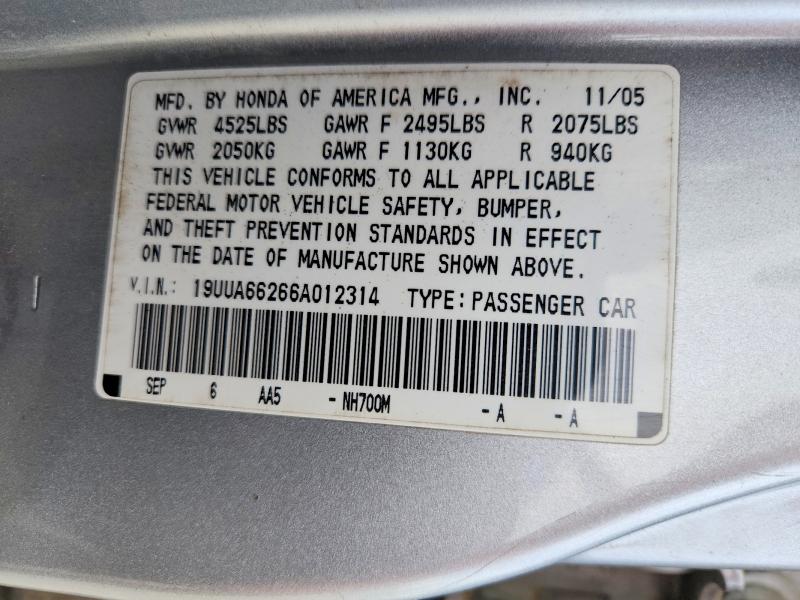 Продаж на аукціоні авто 2006 Acura 3.2tl, vin: 19UUA66266A012314, номер лоту: 65382296