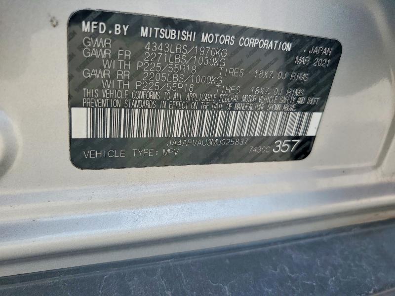 2021 Mitsubishi Outlander Sport მანქანა იყიდება აუქციონზე, vin: JA4APVAU3MU025837, აუქციონის ნომერი: 63818346