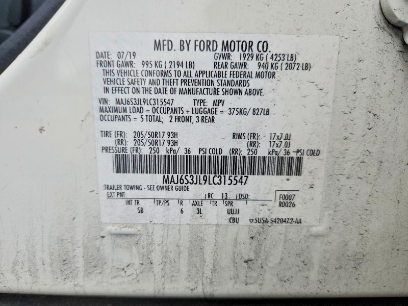 2020 Ford Ecosport მანქანა იყიდება აუქციონზე, vin: MAJ6S3JL9LC315547, აუქციონის ნომერი: 65602466