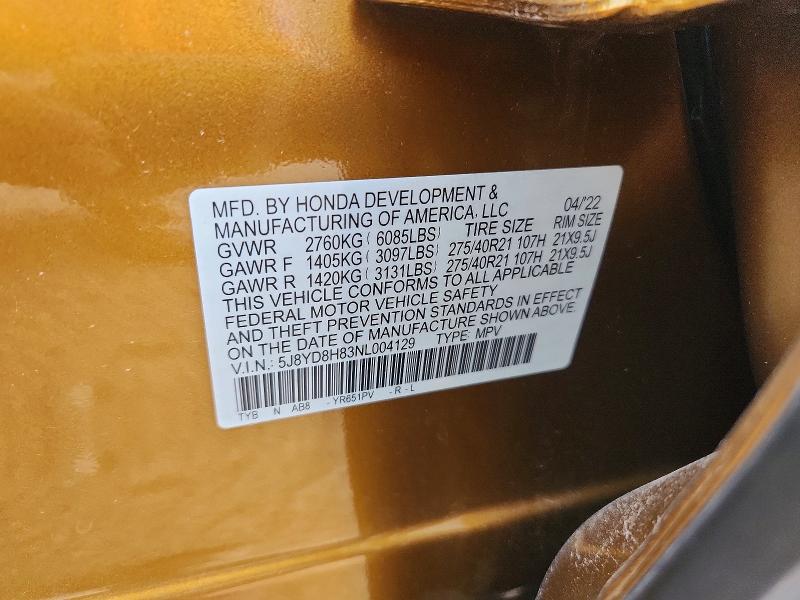 65152796 :رقم المزاد ، 5J8YD8H83NL004129 vin ، 2022 Acura Mdx مزاد بيع