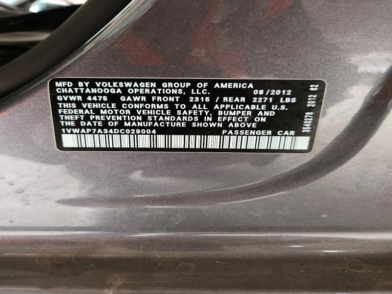63885476 :رقم المزاد ، 1VWAP7A34DC029004 vin ، 2013 Volkswagen Passat مزاد بيع