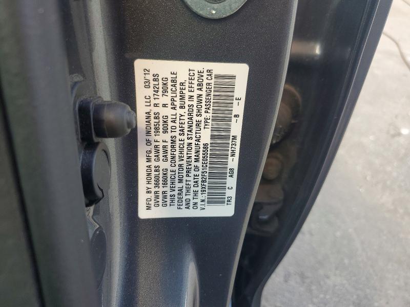 64061656 :رقم المزاد ، 19XFB2F51CE055586 vin ، 2012 Honda Civic مزاد بيع