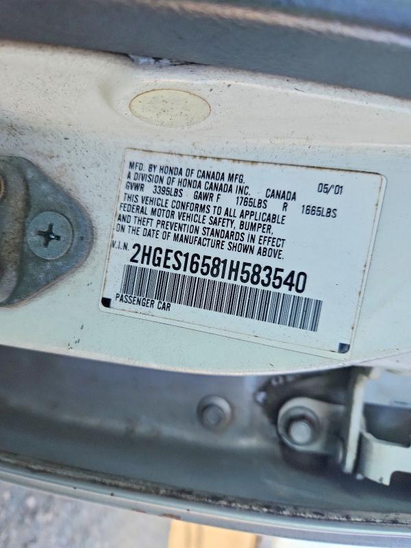 2001 Honda Civic მანქანა იყიდება აუქციონზე, vin: 2HGES16581H583540, აუქციონის ნომერი: 66202666