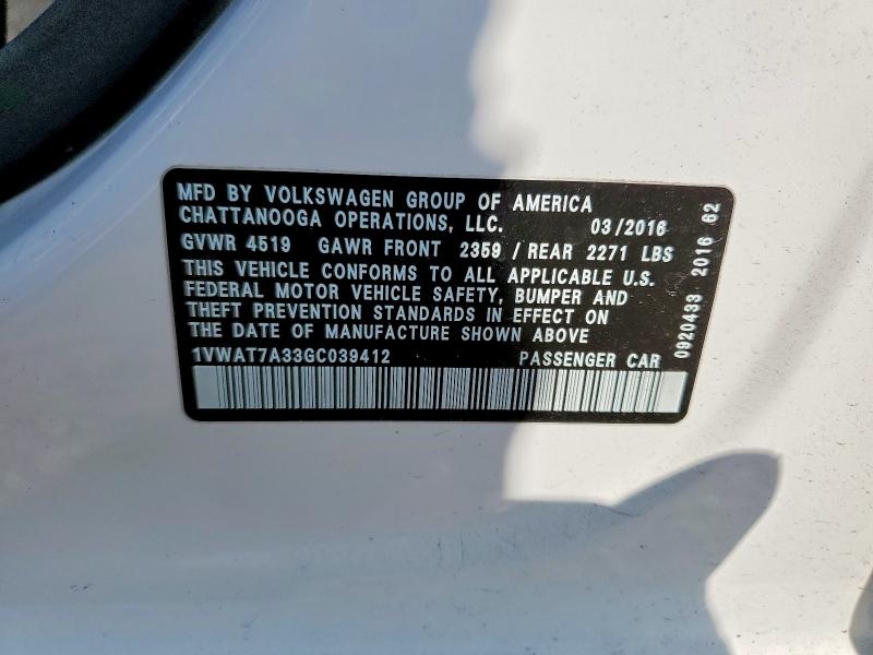 Продаж на аукціоні авто 2016 Volkswagen Passat, vin: 1VWAT7A33GC039412, номер лоту: 65870776