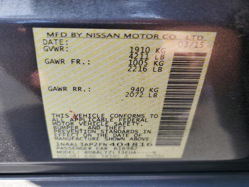 Продажа на аукционе авто 2015 Nissan Altima, vin: 1N4AL3AP2FN404816, номер лота: 64958086