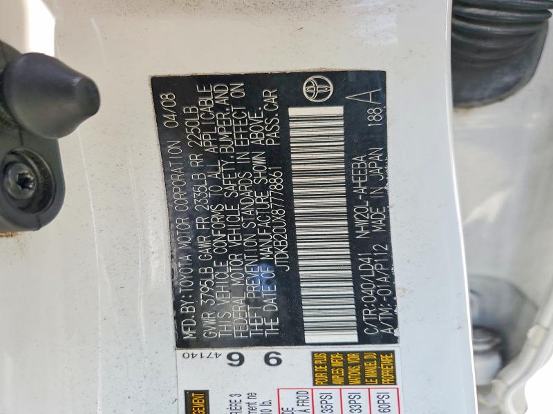 2008 Toyota Prius მანქანა იყიდება აუქციონზე, vin: JTDKB20UX87778861, აუქციონის ნომერი: 64929096