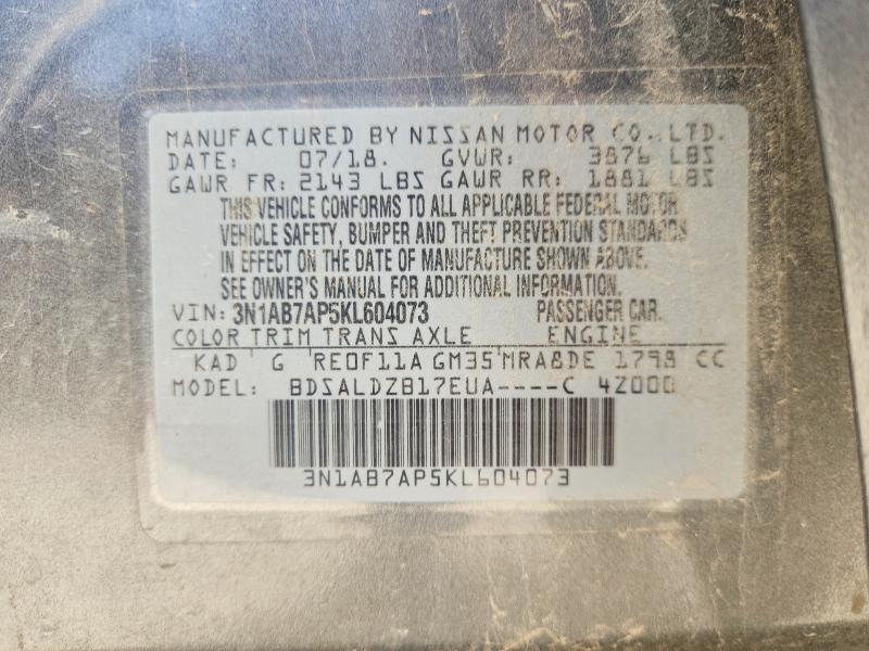2019 Nissan Sentra მანქანა იყიდება აუქციონზე, vin: 3N1AB7AP5KL604073, აუქციონის ნომერი: 65887366