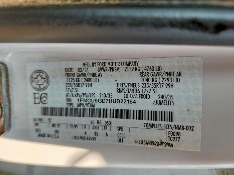 63601606 :رقم المزاد ، 1FMCU9GD7HUD22164 vin ، 2017 Ford Escape مزاد بيع