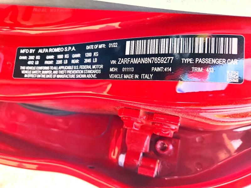 Aukcja sprzedaży 2022 Alfa Romeo Giulia, vin: ZARFAMAN8N7659277, numer aukcji: 64444596