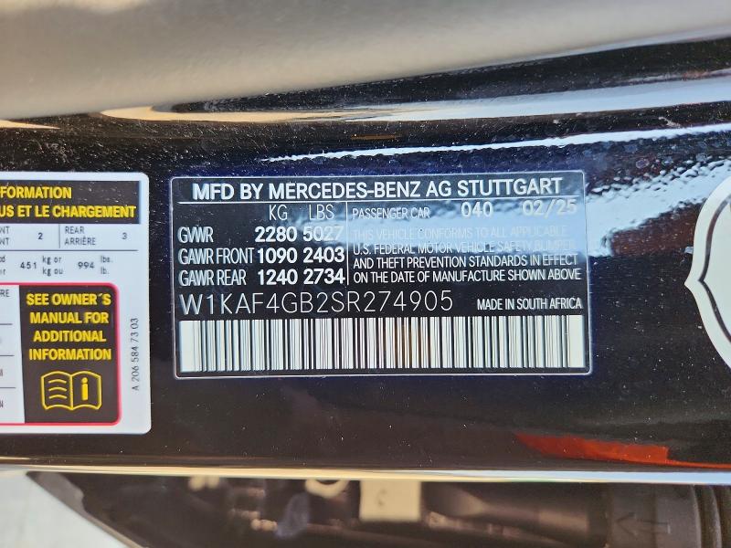 66354906 :رقم المزاد ، W1KAF4GB2SR274905 vin ، 2025 Mercedes-benz C مزاد بيع