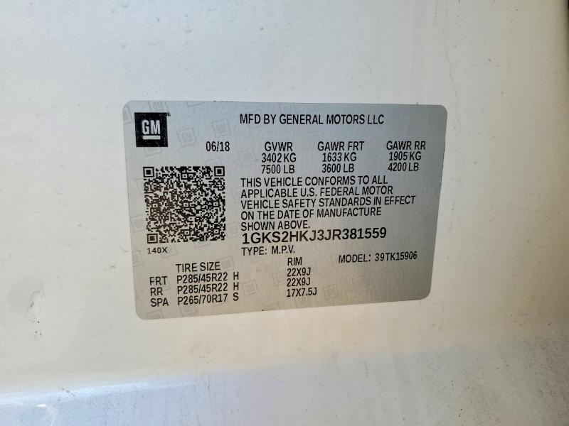 66611376 :رقم المزاد ، 1GKS2HKJ3JR381559 vin ، 2018 Gmc Yukon Xl مزاد بيع