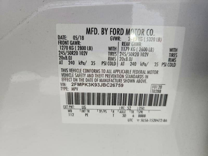 66193606 :رقم المزاد ، 2FMPK3K93JBC26759 vin ، 2018 Ford Edge مزاد بيع