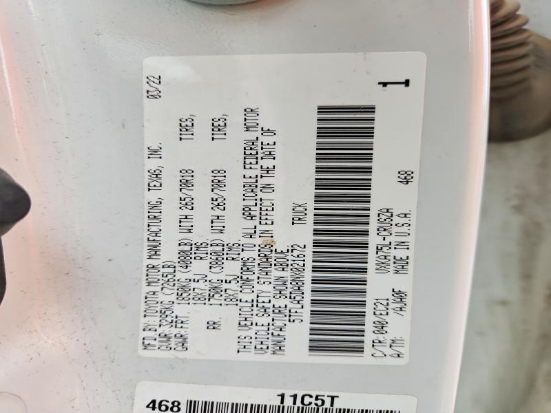 Aukcja sprzedaży 2022 Toyota Tundra, vin: 5TFLA5DA8NX021672, numer aukcji: 64208516
