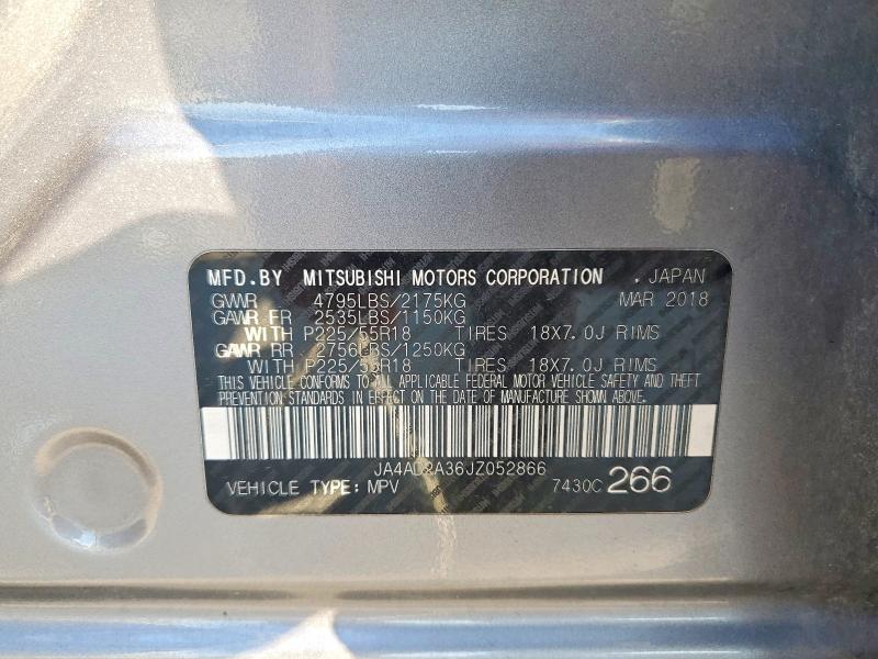 2018 Mitsubishi Outlander მანქანა იყიდება აუქციონზე, vin: JA4AD2A36JZ052866, აუქციონის ნომერი: 66939396