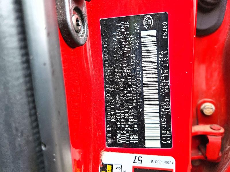 63436516 :رقم المزاد ، 4T1T11BKXMU021916 vin ، 2021 Toyota Camry مزاد بيع