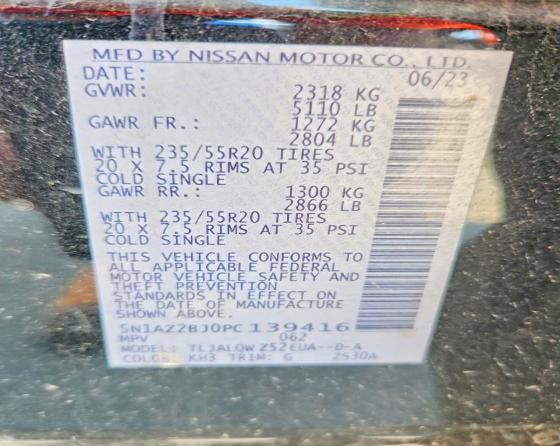 66475836 :رقم المزاد ، 5N1AZ2BJ0PC139416 vin ، 2023 Nissan Murano مزاد بيع