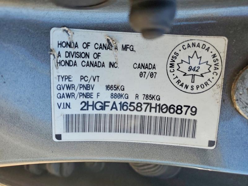 2007 Honda Civic მანქანა იყიდება აუქციონზე, vin: 2HGFA16587H106879, აუქციონის ნომერი: 63753596