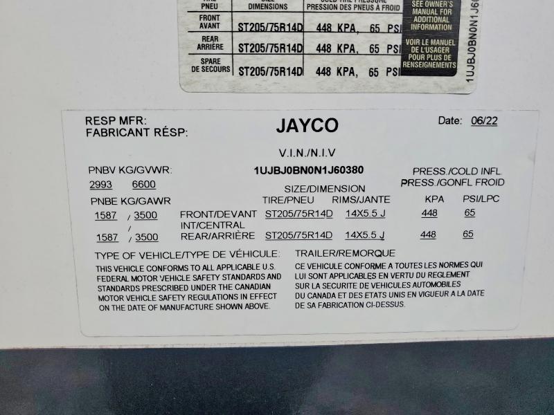 2022 Jayco Jay Feather 24rl მანქანა იყიდება აუქციონზე, vin: 1UJBJ0BN0N1J60380, აუქციონის ნომერი: 62783706