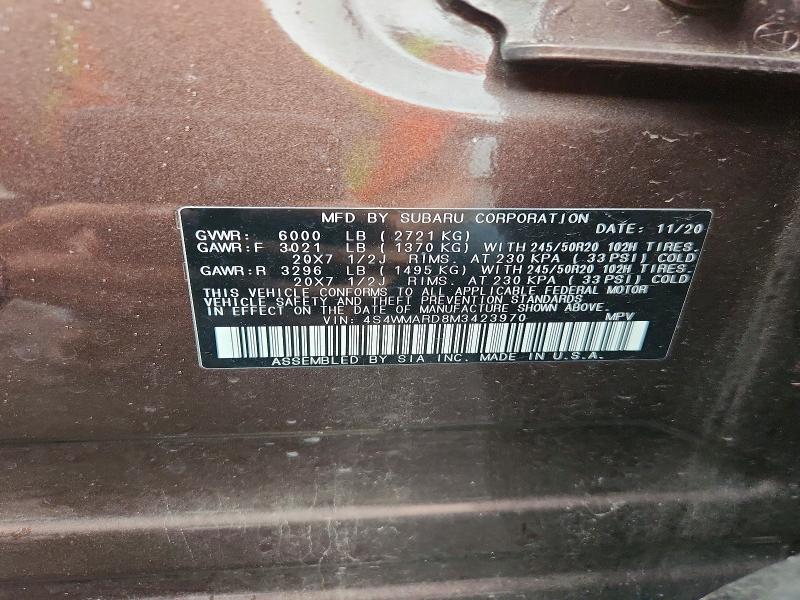 2021 Subaru Ascent მანქანა იყიდება აუქციონზე, vin: 4S4WMARD8M3423970, აუქციონის ნომერი: 63616436