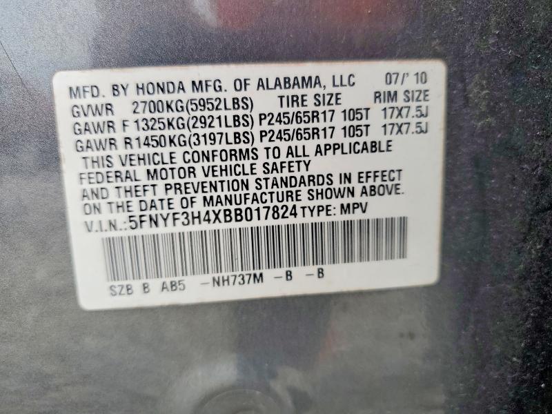 62740356 :رقم المزاد ، 5FNYF3H4XBB017824 vin ، 2011 Honda Pilot مزاد بيع