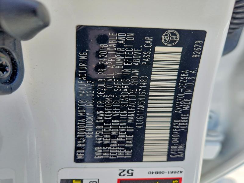 2022 Toyota Camry მანქანა იყიდება აუქციონზე, vin: 4T1G11AK5NU671483, აუქციონის ნომერი: 59665576