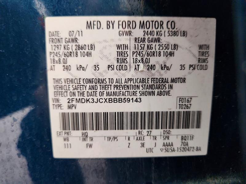 62212596 :رقم المزاد ، 2FMDK3JCXBBB59143 vin ، 2011 Ford Edge مزاد بيع