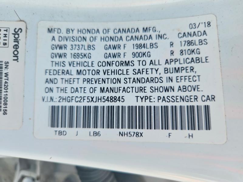 Продаж на аукціоні авто 2018 Honda Civic, vin: 2HGFC2F5XJH548845, номер лоту: 65634716