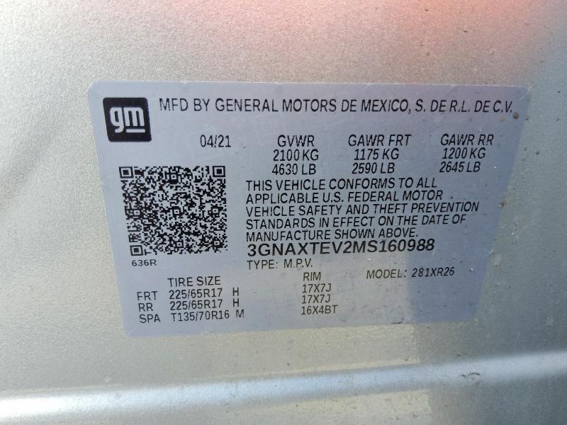 64440306 :رقم المزاد ، 3GNAXTEV2MS160988 vin ، 2021 Chevrolet Equinox مزاد بيع