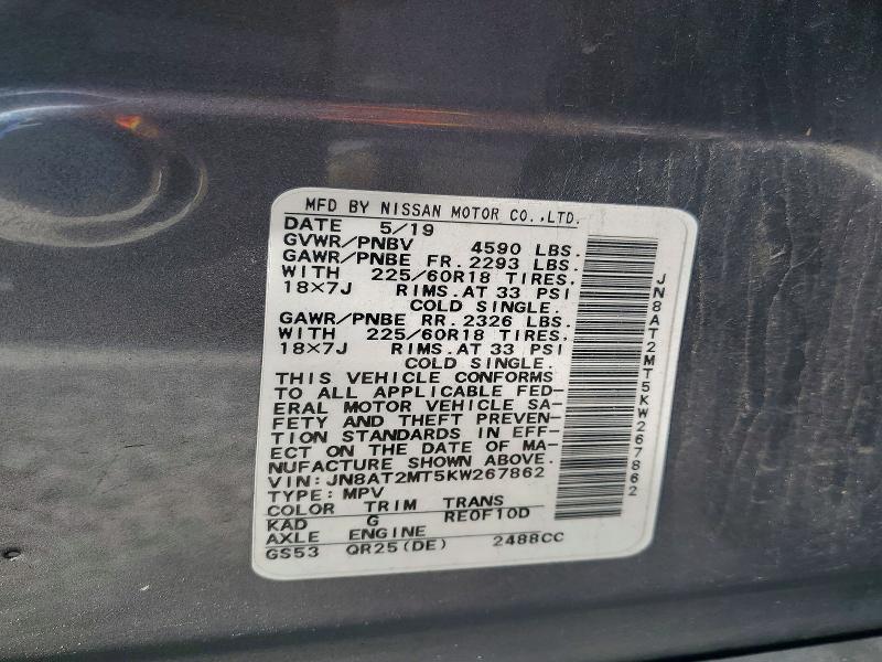 65918056 :رقم المزاد ، JN8AT2MT5KW267862 vin ، 2019 Nissan Rogue مزاد بيع