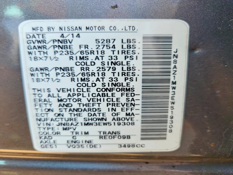 63493846 :رقم المزاد ، JN8AZ1MW3EW519308 vin ، 2014 Nissan Murano مزاد بيع
