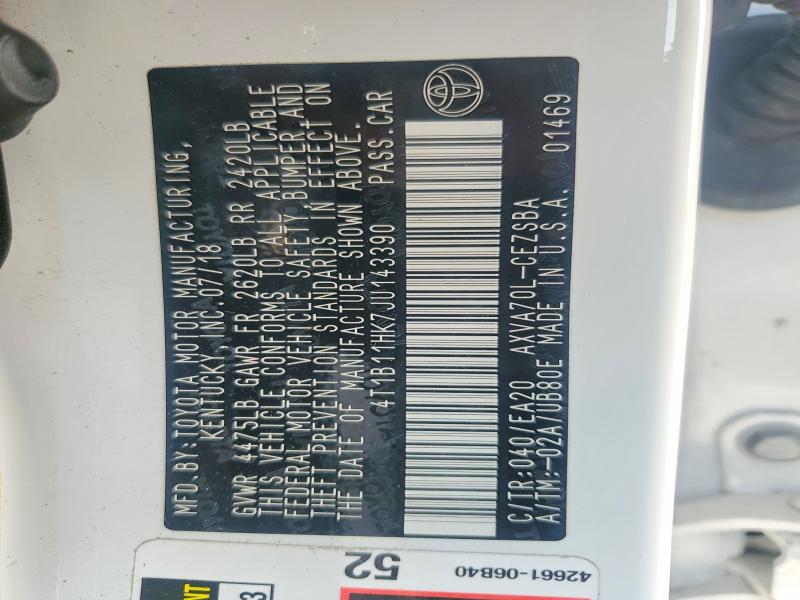 2018 Toyota Camry მანქანა იყიდება აუქციონზე, vin: 4T1B11HK7JU143390, აუქციონის ნომერი: 63913166