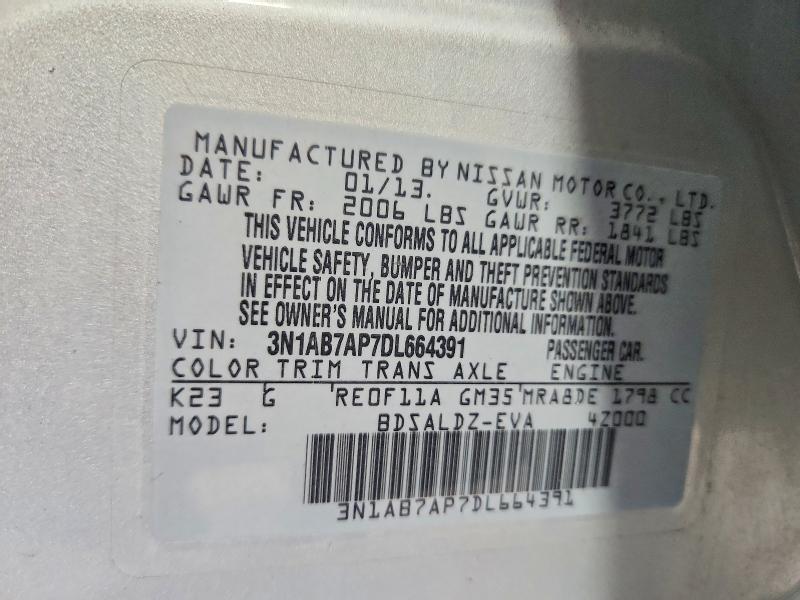 2013 Nissan Sentra მანქანა იყიდება აუქციონზე, vin: 3N1AB7AP7DL664391, აუქციონის ნომერი: 66222986