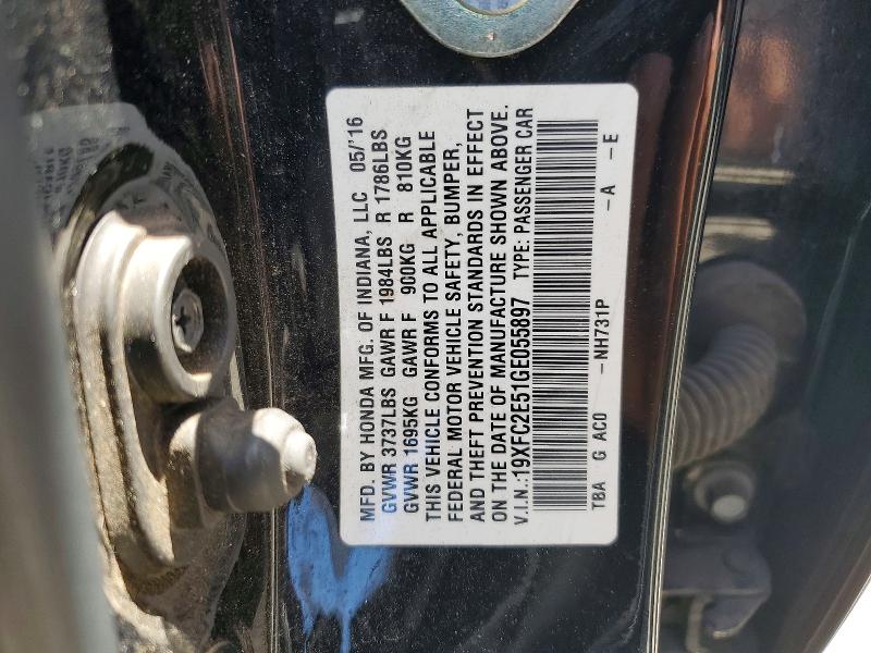 2016 Honda Civic მანქანა იყიდება აუქციონზე, vin: 19XFC2E51GE055897, აუქციონის ნომერი: 64589346