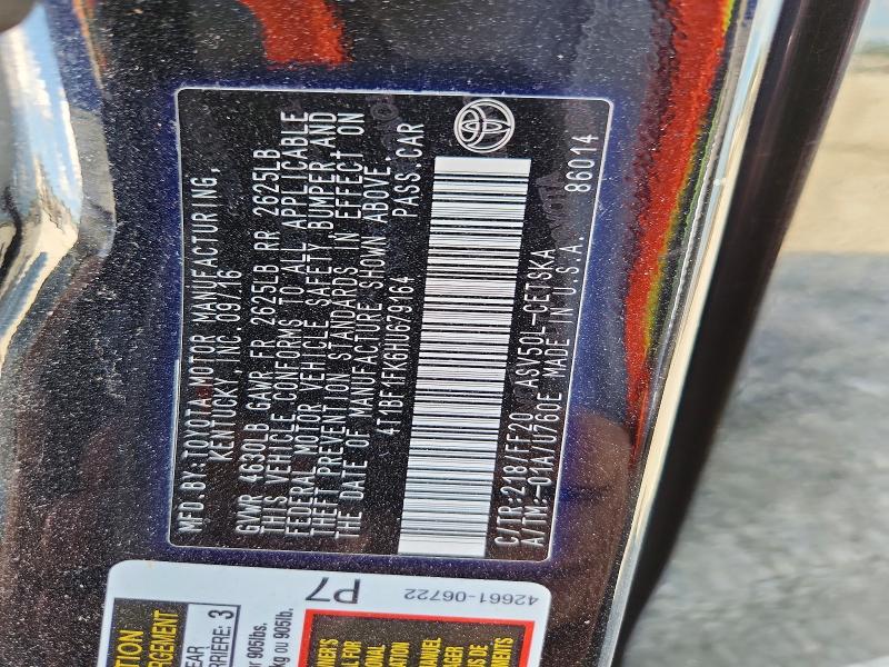 2017 Toyota Camry მანქანა იყიდება აუქციონზე, vin: 4T1BF1FK6HU679164, აუქციონის ნომერი: 65472066