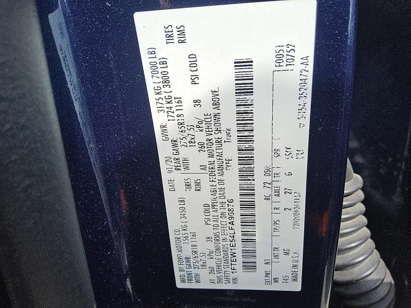 65167616 :رقم المزاد ، 1FTEW1E54LFA96876 vin ، 2020 Ford F150 مزاد بيع