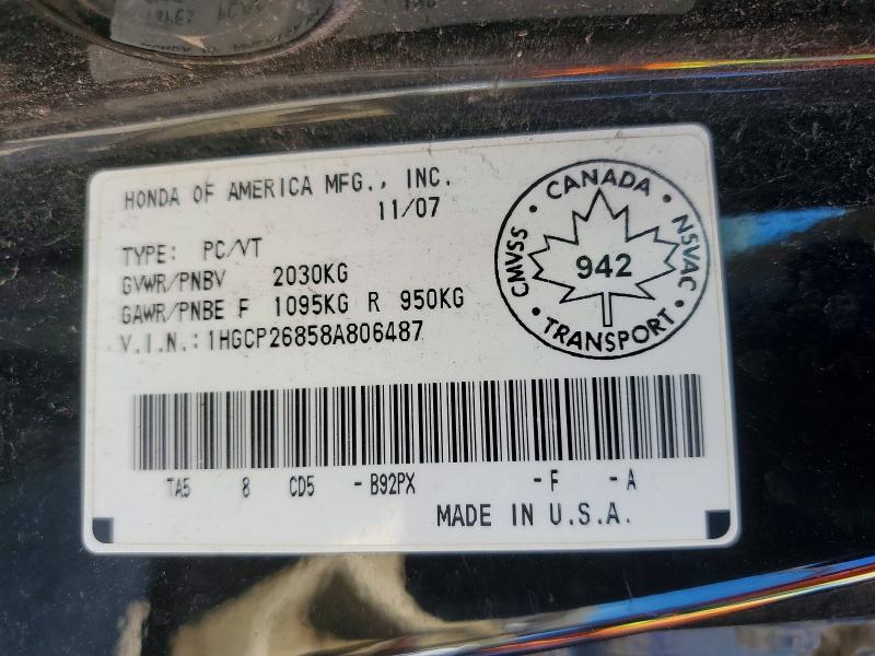 2008 Honda Accord მანქანა იყიდება აუქციონზე, vin: 1HGCP26858A806487, აუქციონის ნომერი: 66407186
